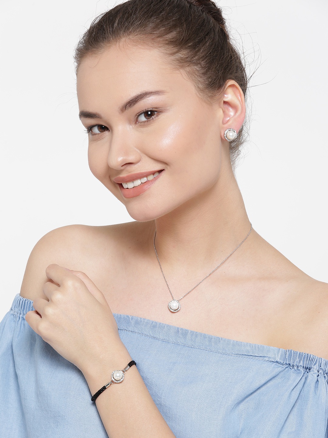 YouBella Silver-Toned  Black Stone-Studded Beaded Jewellery Set
